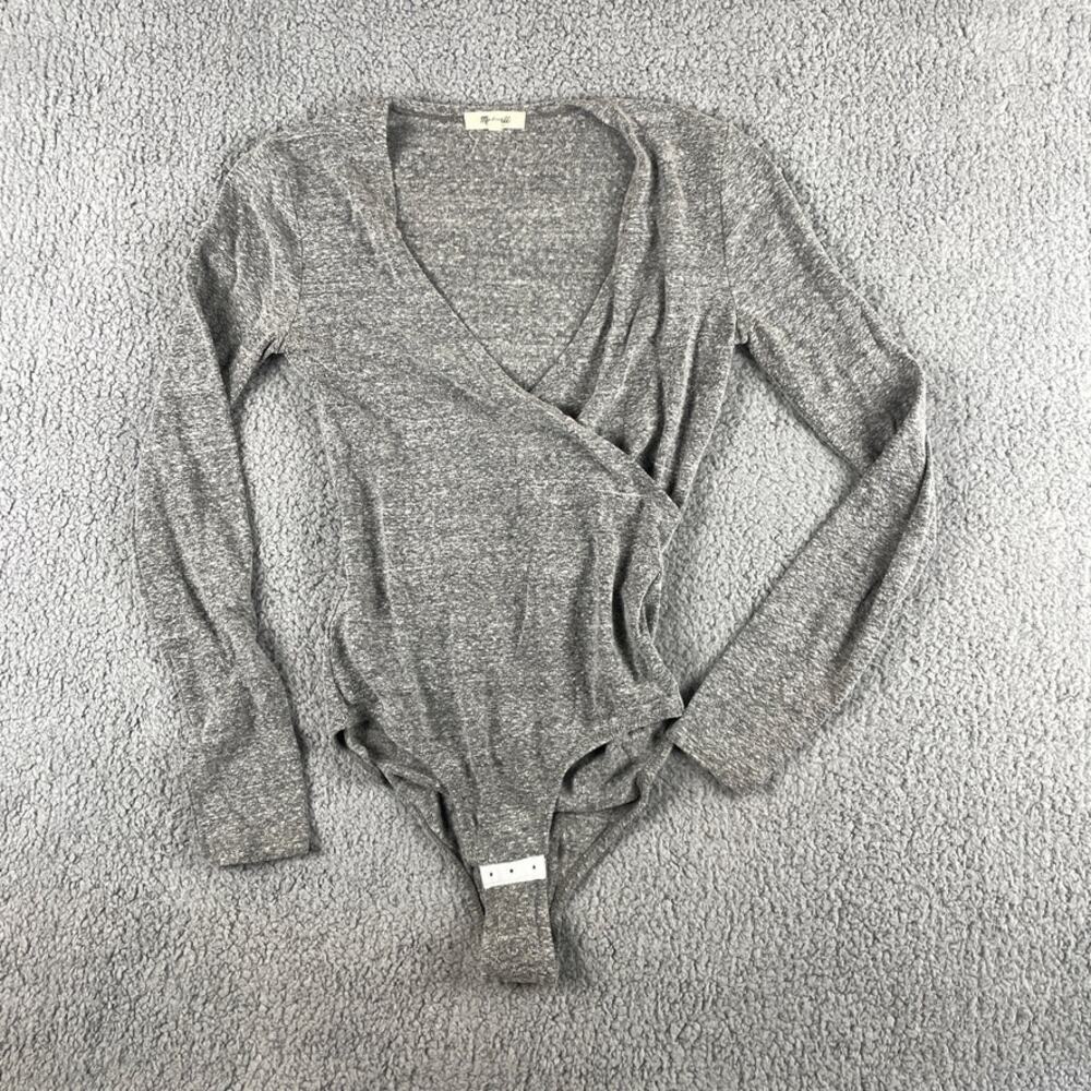 Madewell Women's Small Heather Grey Wrap V Neck Long Sleeve Thong Bodysuit